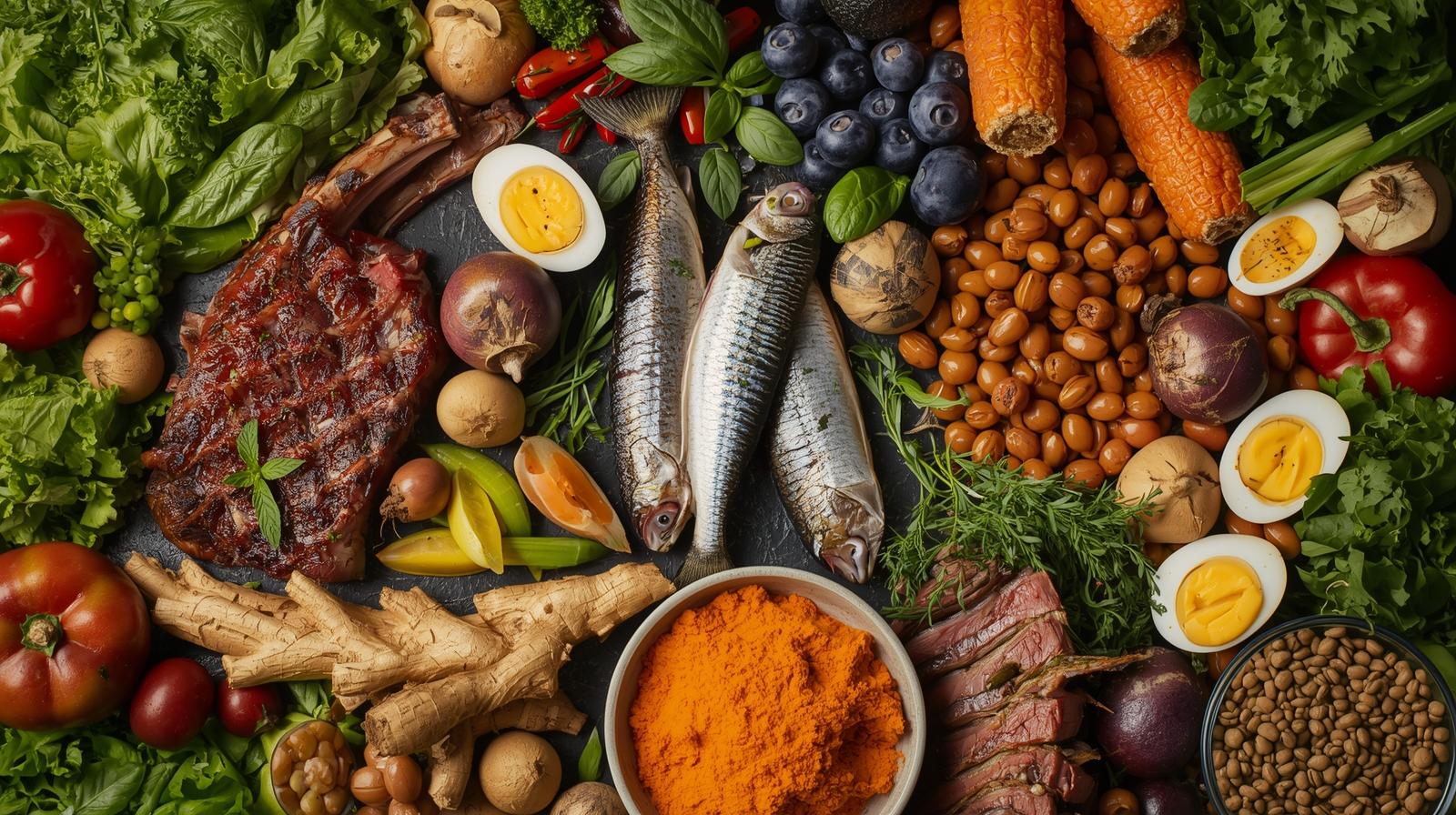 Composition d'aliments riches en micronutriments avec légumes, fruits, œufs, sardines, viande et épices.