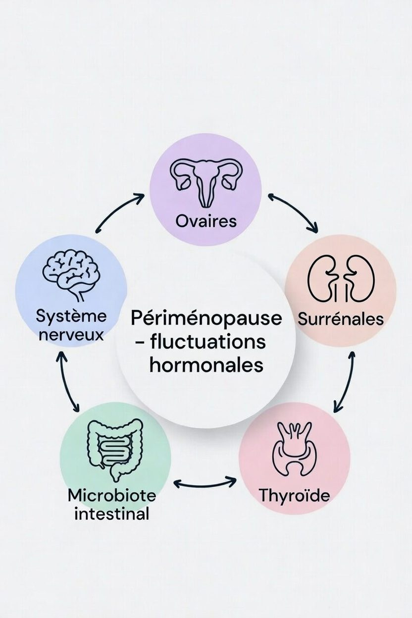 Schéma illustrant les fluctuations hormonales de la périménopause entre systême nerveux, ovaires et surrénales.