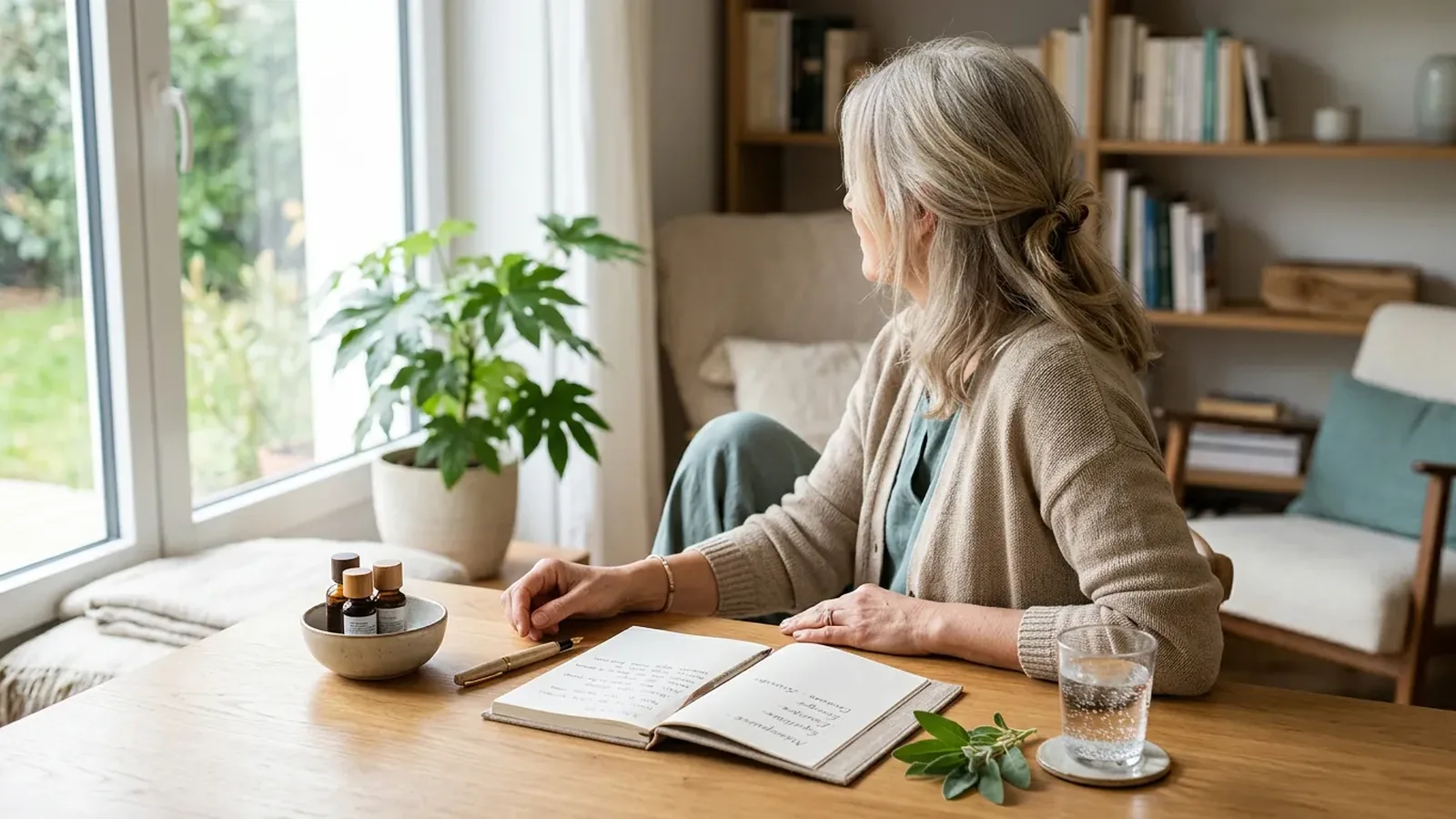 Femme ménopausée devant un carnet et des compléments, illustrant le choix raisonné des compléments alimentaires à la ménopause.