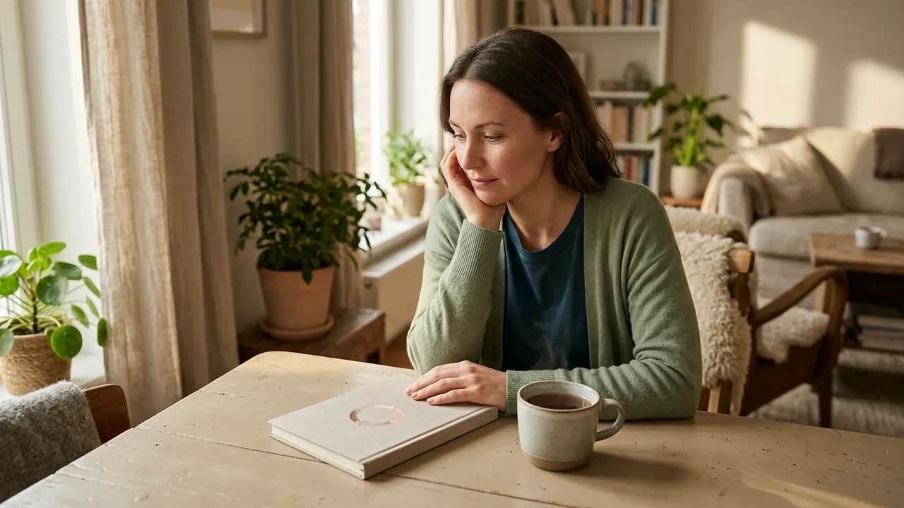 Femme fatiguée dans un intérieur calme avec un carnet de suivi du cycle menstruel et une tasse chaude.