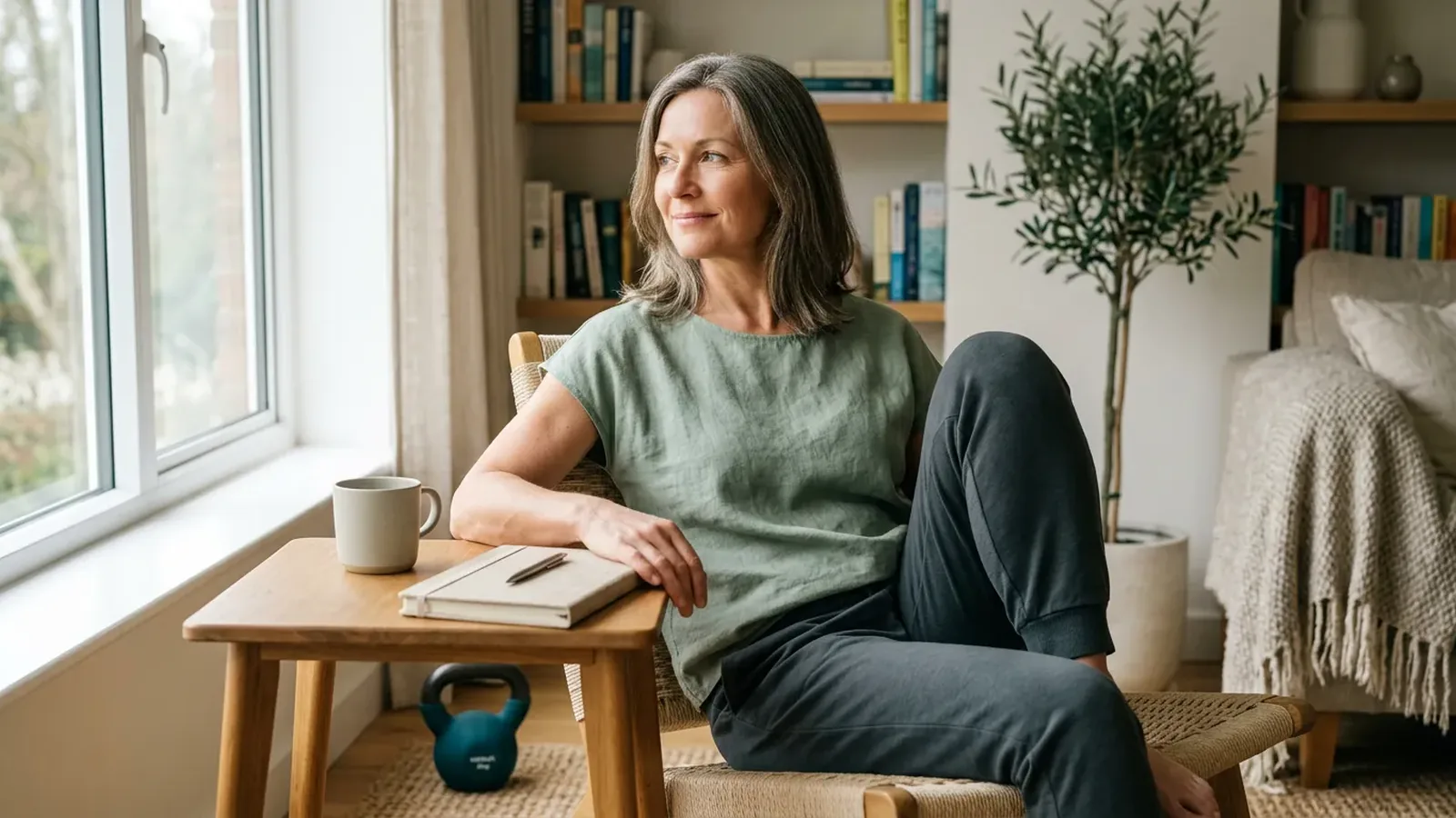 Femme après 40 ans dans un intérieur lumineux avec un kettlebell, pour illustrer le lien entre muscle, énergie et clarté mentale.