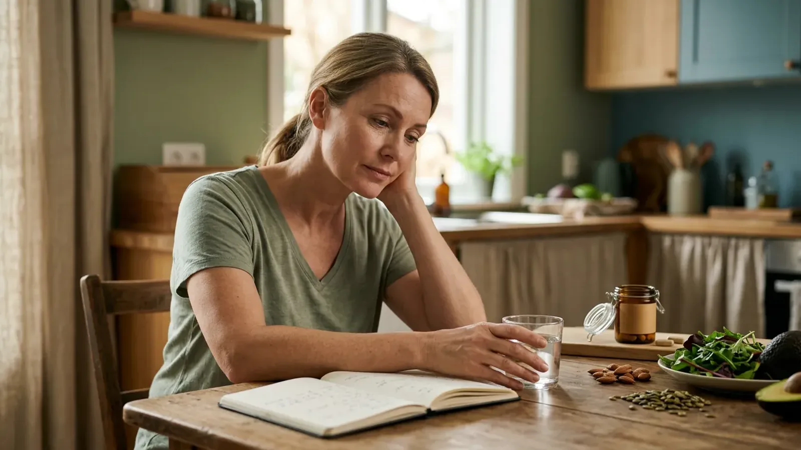 Femme en périménopause dans une cuisine lumineuse avec un carnet, des aliments riches en magnésium et un complément discret.
